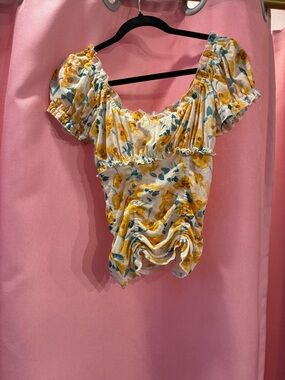Anthroplogie Floral Shirred Puff-Sleeve Women’s Top in Yellow-size XS
